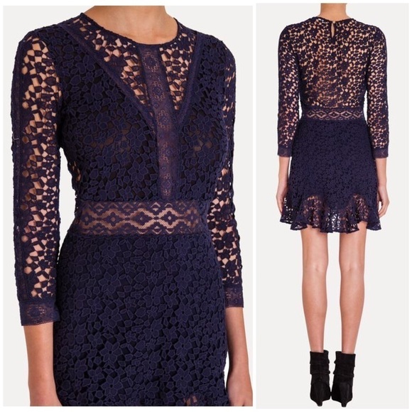 BA&SH Kelly Navy Blue Long Sleeve Lace Mini Dress A Line Party Cocktail Sz 1 S - Picture 1 of 11